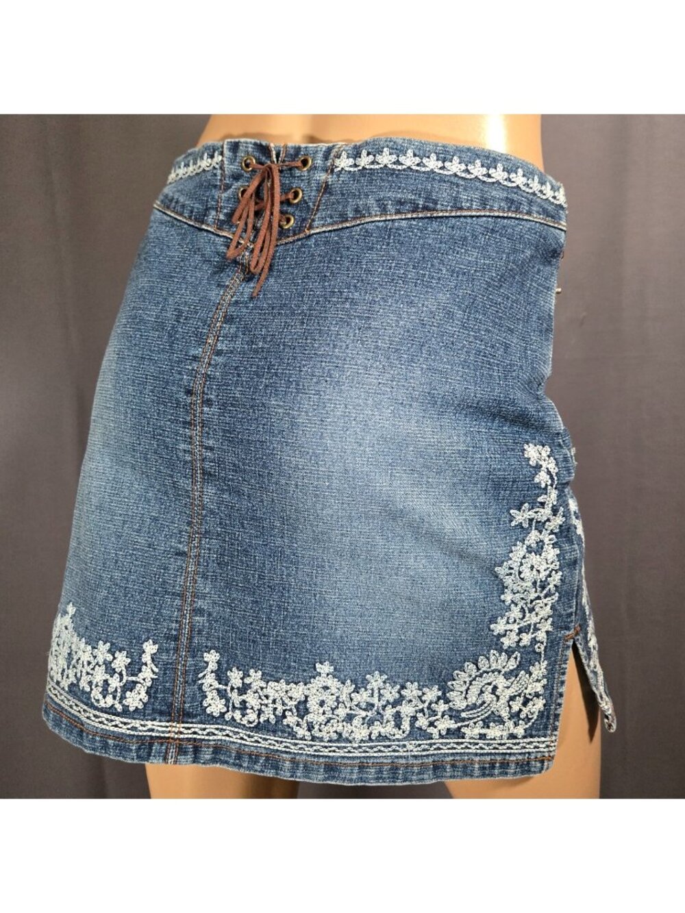 vintage 90s Y2K Lace Up denim Mini Skirt Embroidered Size S Blue Boho Fairy